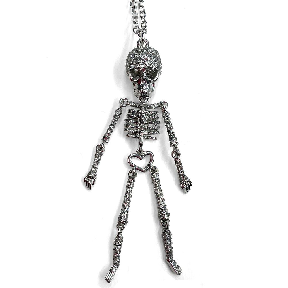 Betsey Johnson Crystal Skeleton Necklace New $58 Halloween Silver Rhinestones - Picture 5 of 8